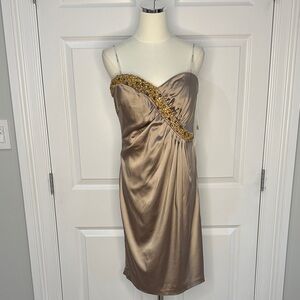 NWT Maggy London Champagne Satin Strapless Beaded Ruched Cocktail Dress Size 12